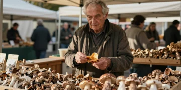 Emprendedor belga de 70 años con chips de shiitake en un puesto de setas en feria europea