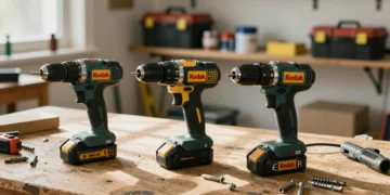 Tres taladros percutores Bosch sobre un banco de trabajo con brocas y tornillos en un taller doméstico