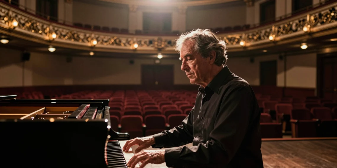 Pianista solista frente a un piano de cola en un teatro español, iluminado por un foco cálido en la oscuridad