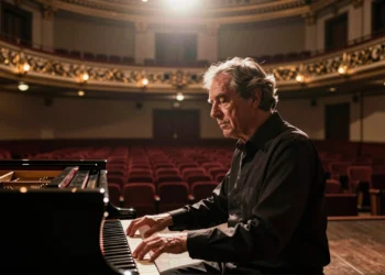 Pianista solista frente a un piano de cola en un teatro español, iluminado por un foco cálido en la oscuridad