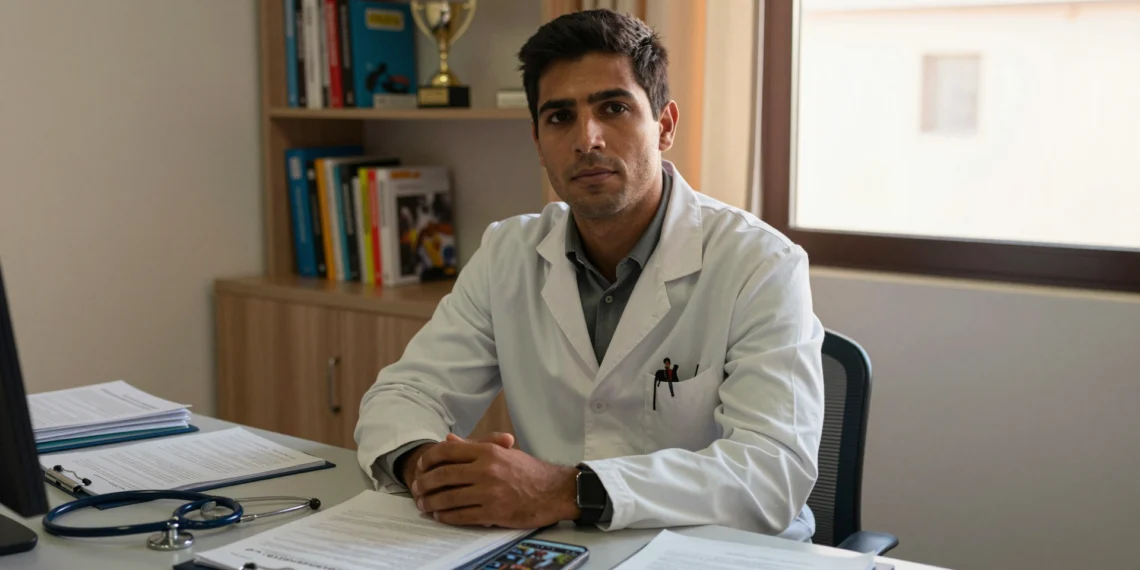 Médico joven con bata blanca sentado en consulta de centro de salud canario, con estetoscopio y móvil sobre la mesa