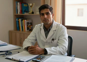 Médico joven con bata blanca sentado en consulta de centro de salud canario, con estetoscopio y móvil sobre la mesa