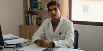 Médico joven con bata blanca sentado en consulta de centro de salud canario, con estetoscopio y móvil sobre la mesa