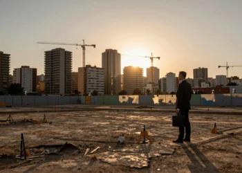Inversor frente a solar vacío en València con skyline residencial y grúas al fondo al atardecer