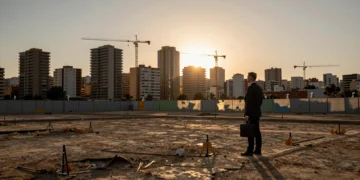 Inversor frente a solar vacío en València con skyline residencial y grúas al fondo al atardecer