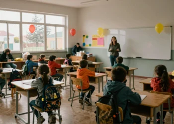 Niños en aula de emergencia en gimnasio escolar valenciano tras la DANA, con maestra y carteles de bienvenida