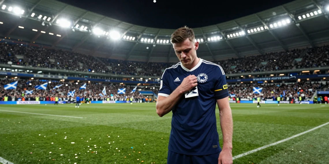 Andy Robertson con el brazalete de capitán de Escocia, cabizbajo en señal de duelo y determinación en un estadio lleno