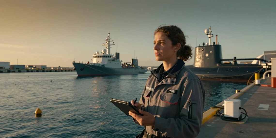 Ingeniera naval en puerto marítimo sosteniendo tablet con datos de sonar al atardecer, con buque de investigación al fondo