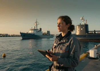 Ingeniera naval en puerto marítimo sosteniendo tablet con datos de sonar al atardecer, con buque de investigación al fondo