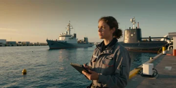 Ingeniera naval en puerto marítimo sosteniendo tablet con datos de sonar al atardecer, con buque de investigación al fondo