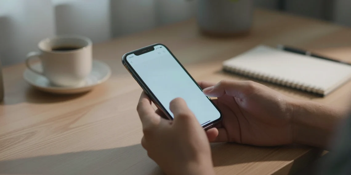 Manos sosteniendo un smartphone moderno sobre un escritorio de madera con café y libreta, luz cálida de tarde