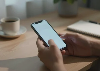 Manos sosteniendo un smartphone moderno sobre un escritorio de madera con café y libreta, luz cálida de tarde