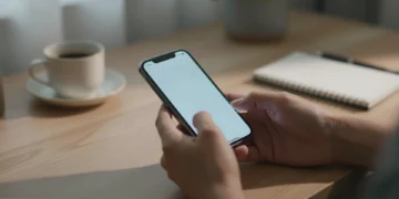 Manos sosteniendo un smartphone moderno sobre un escritorio de madera con café y libreta, luz cálida de tarde