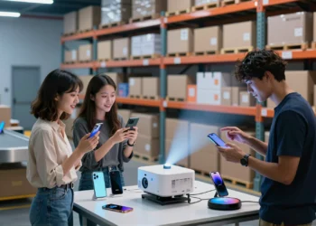 Tres jóvenes exploran gadgets tecnológicos en un almacén moderno durante el Amazon Prime Day 2026