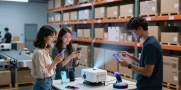 Tres jóvenes exploran gadgets tecnológicos en un almacén moderno durante el Amazon Prime Day 2026