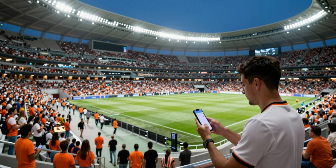 Aficionado del Valencia CF usando una app de navegación inteligente en el interior del Nou Mestalla durante un partido