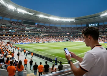 Aficionado del Valencia CF usando una app de navegación inteligente en el interior del Nou Mestalla durante un partido