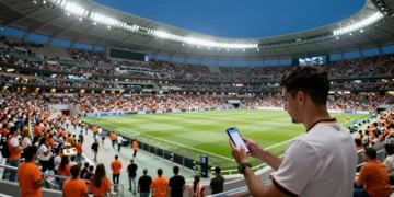 Aficionado del Valencia CF usando una app de navegación inteligente en el interior del Nou Mestalla durante un partido