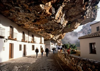 Casas blancas esculpidas en la roca arenisca de Setenil de las Bodegas, Cádiz, con vecinos paseando bajo el saliente natural