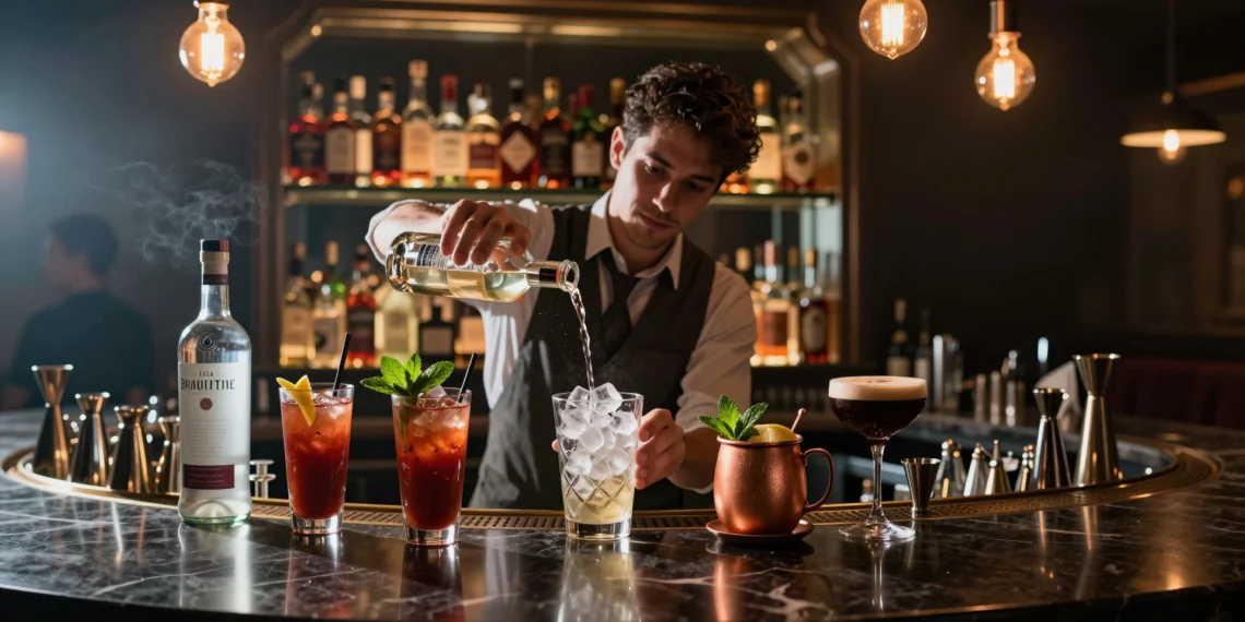 Bartender sirviendo vodka en una coctelería de lujo con Bloody Mary, Moscow Mule y Espresso Martini sobre la barra