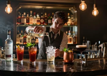 Bartender sirviendo vodka en una coctelería de lujo con Bloody Mary, Moscow Mule y Espresso Martini sobre la barra