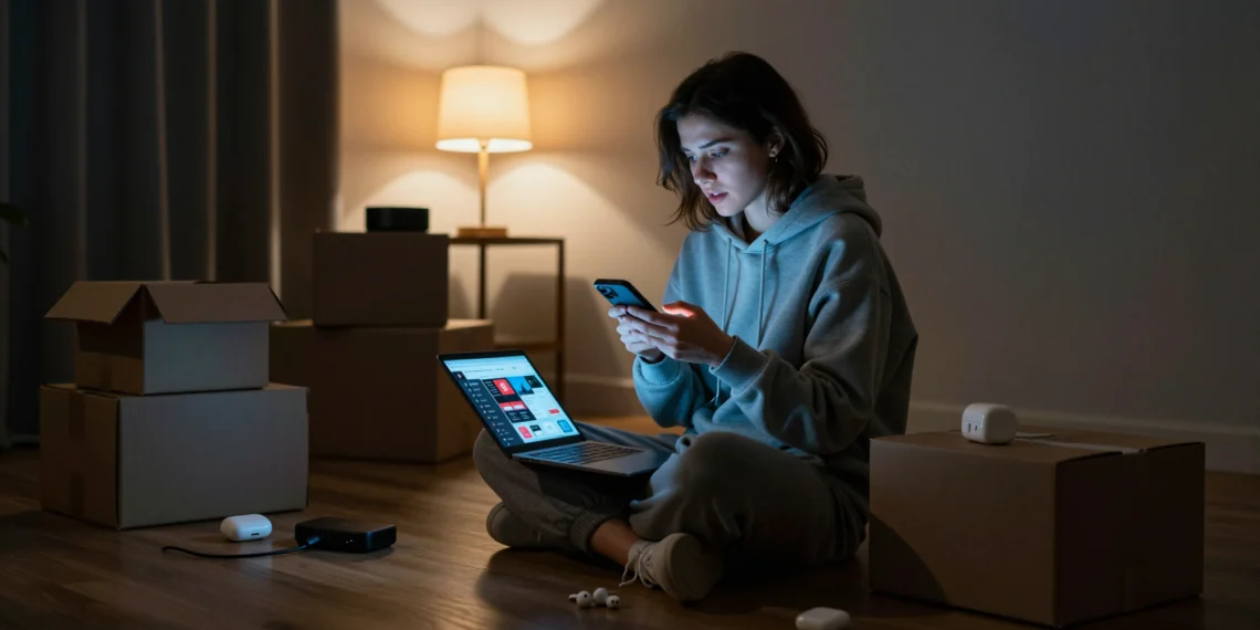Mujer joven comprando en Amazon Prime Day 2026 con laptop y smartphone rodeada de cajas y gadgets tecnológicos