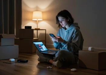Mujer joven comprando en Amazon Prime Day 2026 con laptop y smartphone rodeada de cajas y gadgets tecnológicos