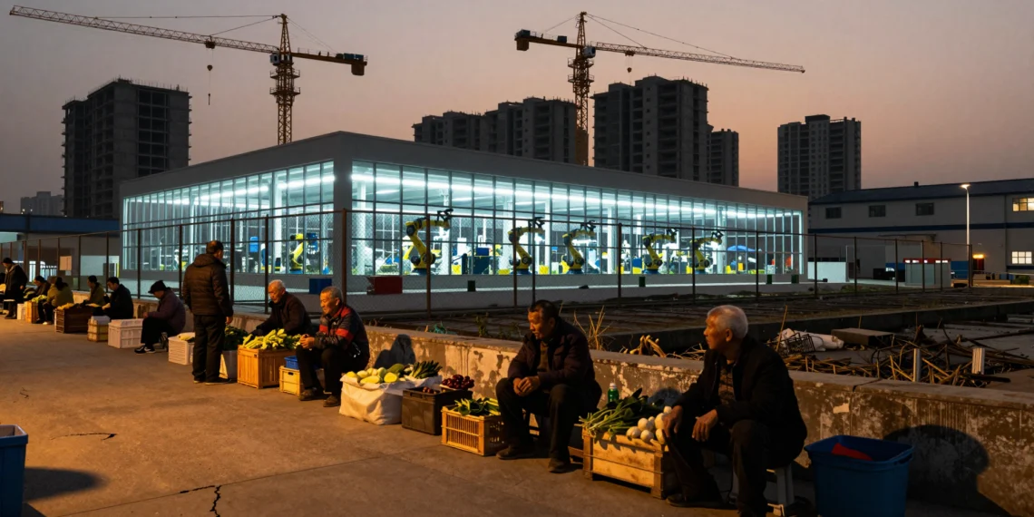 Mercado callejero tradicional frente a fábrica de vehículos eléctricos en ciudad industrial china al atardecer