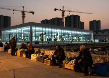 Mercado callejero tradicional frente a fábrica de vehículos eléctricos en ciudad industrial china al atardecer