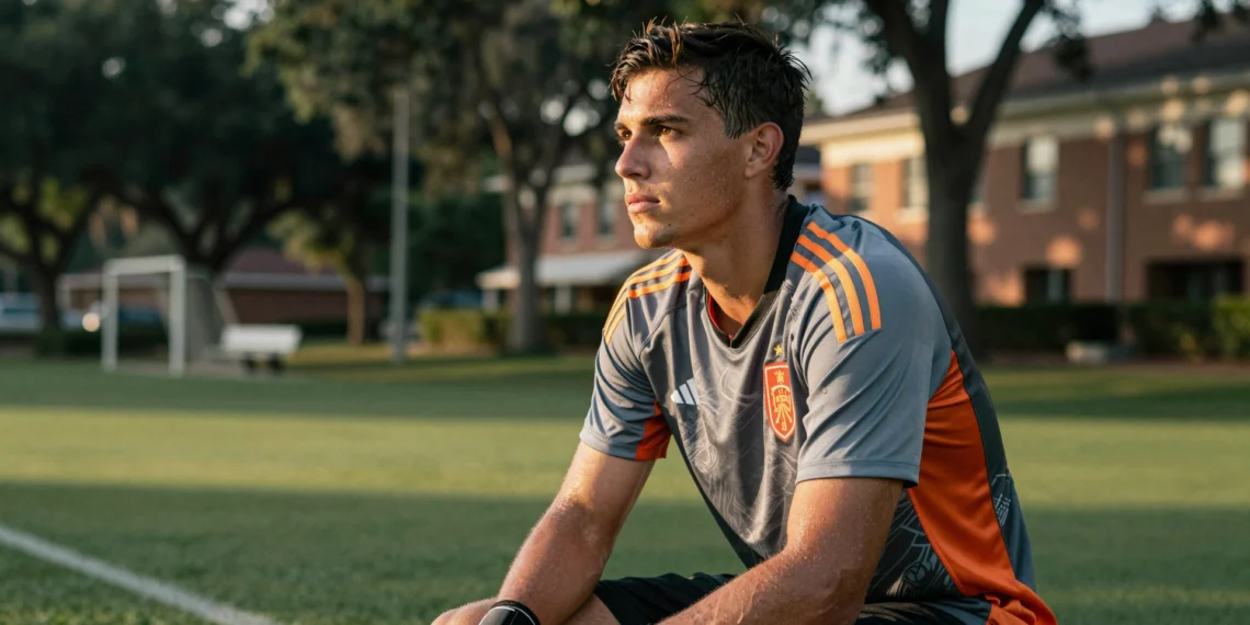 Joan Garcia, portero del FC Barcelona, sentado relajado en un banquillo durante un entrenamiento de la selección española