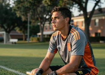 Joan Garcia, portero del FC Barcelona, sentado relajado en un banquillo durante un entrenamiento de la selección española