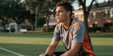 Joan Garcia, portero del FC Barcelona, sentado relajado en un banquillo durante un entrenamiento de la selección española