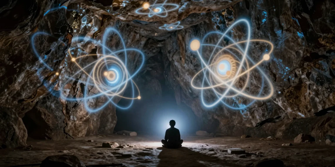 Silueta humana en una cueva oscura contemplando sombras cuánticas proyectadas en la pared de piedra