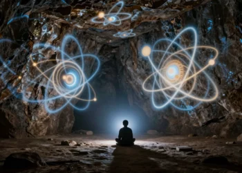Silueta humana en una cueva oscura contemplando sombras cuánticas proyectadas en la pared de piedra