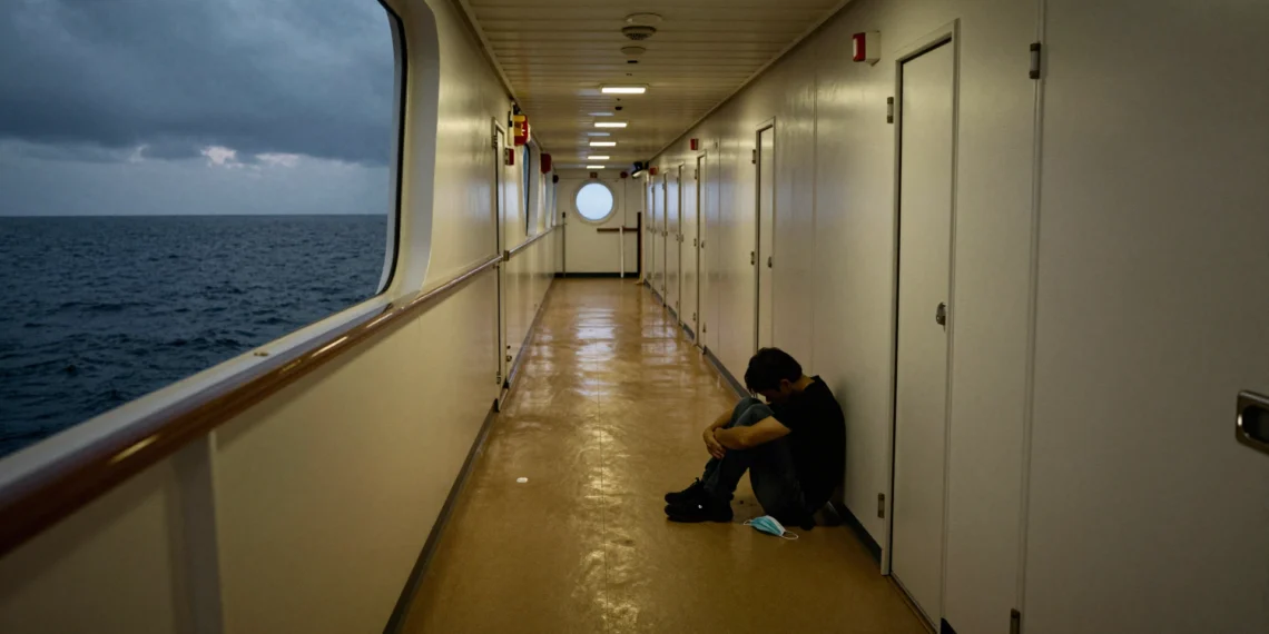 Pasillo vacío de crucero con iluminación tenue, figura solitaria sentada en el suelo y mascarilla desechada cerca