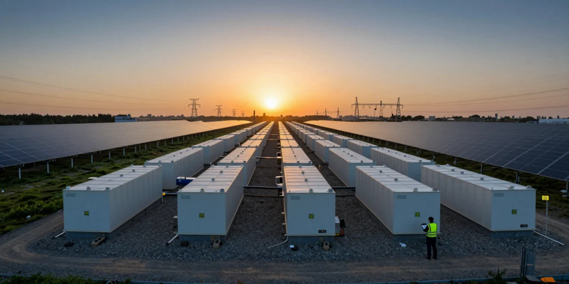 Ingeniero revisa datos frente a una gran instalación de baterías industriales junto a paneles solares al atardecer