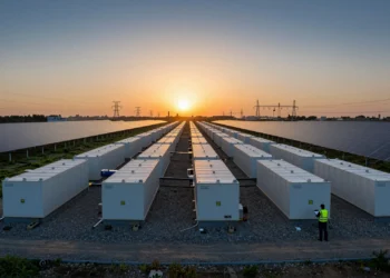Ingeniero revisa datos frente a una gran instalación de baterías industriales junto a paneles solares al atardecer