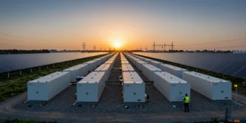 Ingeniero revisa datos frente a una gran instalación de baterías industriales junto a paneles solares al atardecer