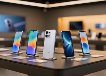 Cuatro smartphones flagship de Samsung, Apple, Google y Xiaomi sobre mesa minimalista con iluminación editorial