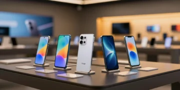 Cuatro smartphones flagship de Samsung, Apple, Google y Xiaomi sobre mesa minimalista con iluminación editorial