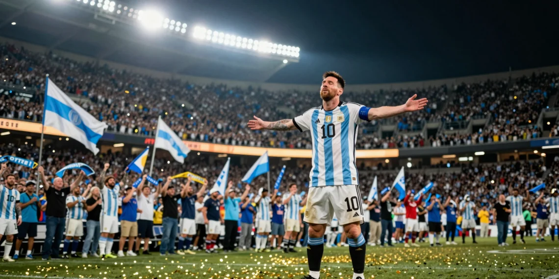 Messi con la camiseta albiceleste número 10 celebra con los brazos abiertos tras romper el récord de goles en Mundiales