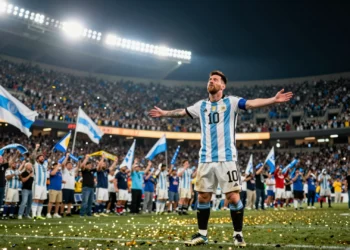 Messi con la camiseta albiceleste número 10 celebra con los brazos abiertos tras romper el récord de goles en Mundiales