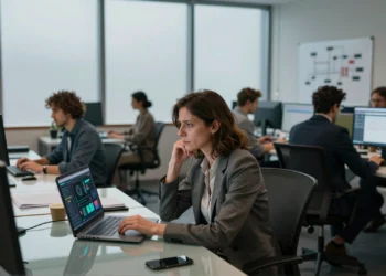 Empresaria española frente a un portátil con IA en oficina moderna, con expresión de incertidumbre y reflexión
