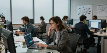Empresaria española frente a un portátil con IA en oficina moderna, con expresión de incertidumbre y reflexión