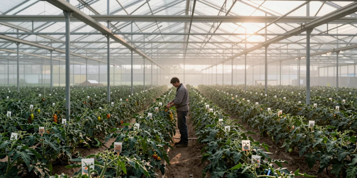 Agrónomo entre hileras de plantas de tomate en un invernadero holandés de gran escala con luz natural difusa