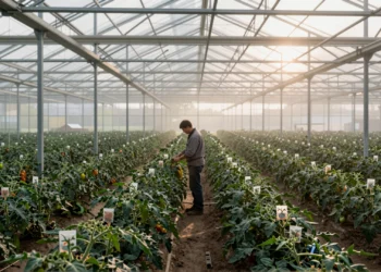 Agrónomo entre hileras de plantas de tomate en un invernadero holandés de gran escala con luz natural difusa