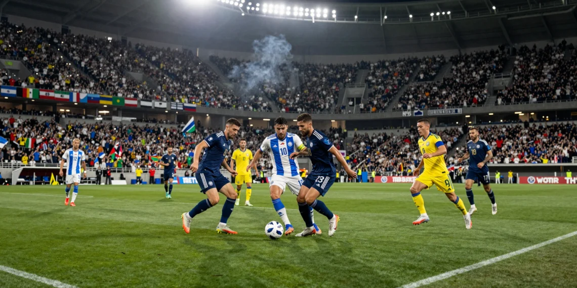 Jugadores de Japón y Suecia disputan un balón en el centro del campo durante su partido del Grupo F del Mundial