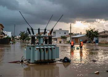 Operarios restauran tendido eléctrico tras las inundaciones de la DANA en Valencia, con subestación dañada en primer plano