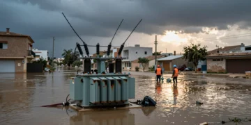 Operarios restauran tendido eléctrico tras las inundaciones de la DANA en Valencia, con subestación dañada en primer plano