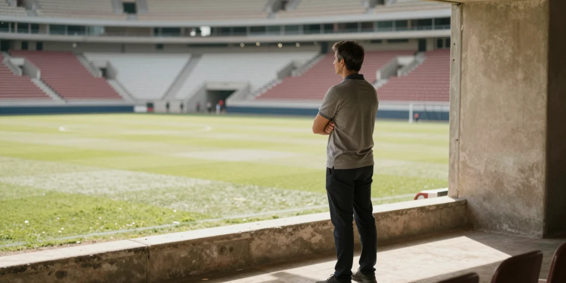 Entrenador de fútbol solitario en el túnel de un estadio vacío mirando el césped en un caluroso verano